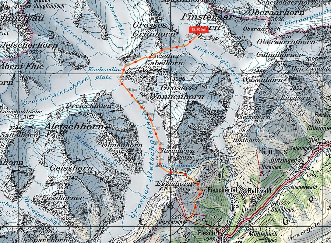 7. Juli - Von der Fiescheralp via Eggishorntunnel den Aletschgletscher hoch, dann über die Grünhornlücke zur Finsteraarhornhütte (total 8h).