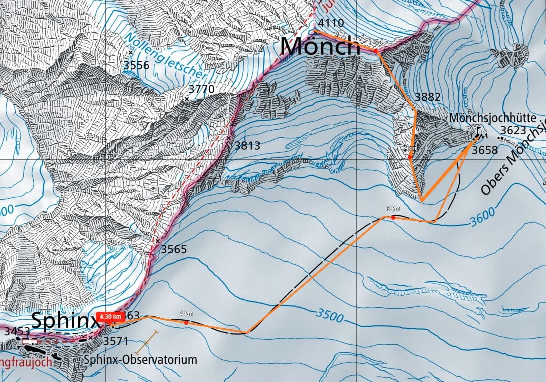 9. Juli - Aufstieg auf den Mönch (4'107m) und dann mit dem Zug vom Jungfraujoch wieder nach Hause (4h Hütte - Gipfel - Hütte)